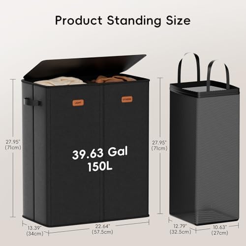 150L Double Laundry Hamper With Lid, Large Clothes Hampers with Removable Bag, Laundry Hamper 2 Section for Bathroom, Bedroom, Laundry Room, Dorm, Black - Image 6