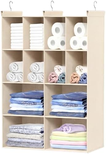 4 Tier Hanging Closet Organizer, 12 Compartments Dual Row Storage, Beige | Closet Organizers and Storage with Large & Small Cubbies, 3 Sturdy Hooks Support Heavy Loads, for Dorm, RV, Garment Rack by Ofiray-home