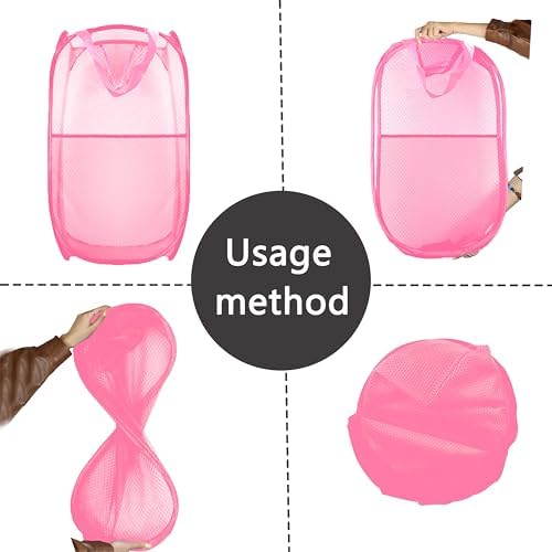 Collapsible Pop Up Laundry Hamper, Extra Large Mesh Foldable Laundry Basket, 28" x 16" x 16"(Pink) - Image 3