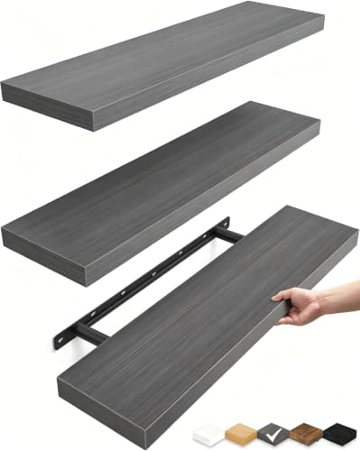 BAYKA Grey Floating Shelves 22.5in, Set of 3, Wall Mount Rustic Wood Shelf by Bayka