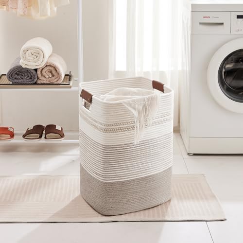 75L Tall Woven Laundry Basket Hamper with Leather Handles,Brown​ - Image 3