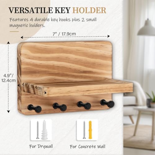 Nekon Key Holder for Wall with Shelf, Pine Wooden Key Hanger, Wood - Image 3