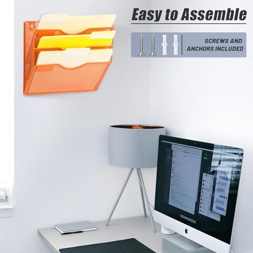 EASEPRES 3 Pocket Mesh Hanging Wall File Organizer, Wall Mounted Mail Paper Document Folder Holder, Clipboard Storage Organization Magazine Rack with Nametag Label for Office Home School, Orange - Image 6