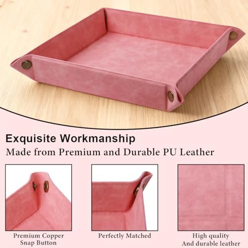 Valet Tray Desktop Storage Organizer – Premium PU Leather Catchall Bedside Vanity Tray Nightstand Caddy Holder for Remote Controller, Keys, Phone, Wallet, Coin, Jewelry,Pink - Image 4