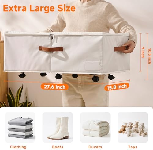 60L Large Under Bed Storage with Wheels Pack of 2, Underbed Shoe Container Bin with Clear Lid Cover, 10.5 Inches Rolling Under Bed Drawer Storage Bag Basket for Boots Quilt Sweater - White - Image 2