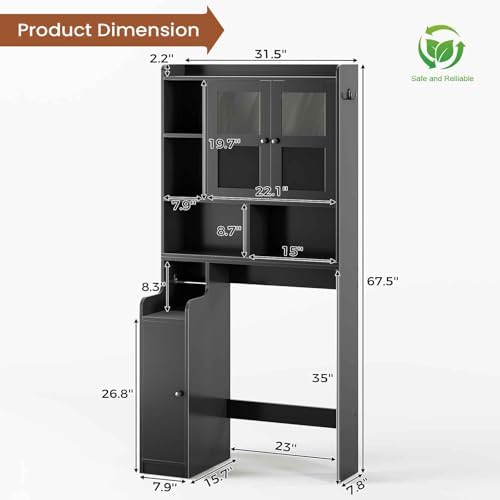 Itaar Over The Toilet Storage Cabinet, Over Toilet Bathroom Organizer with Glass Doors & Toilet Paper Holder Stand, Home Space-Saving Toilet Rack, for Bathroom, Restroom, Laundry(Black) - Image 2