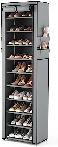VTRIN Vertical Narrow Shoe Rack Organizer Tall Shoe Rack for Closet Entryway 10 Tier Non-Woven Cover Shoe Shelf Holds 20-22 Pairs Free Standing Shoe Storage Cabinet with Dustproof Cover, Grey by VTRIN