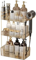 Akinbas 3 Tier Bathroom Organizer Countertop Makeup Perfume Tray Skincare Organizer Comes with Hair Dryer Rack and Toothbrush Holder for Bathroom Dresser Vanity (Gold) by AKINBAS