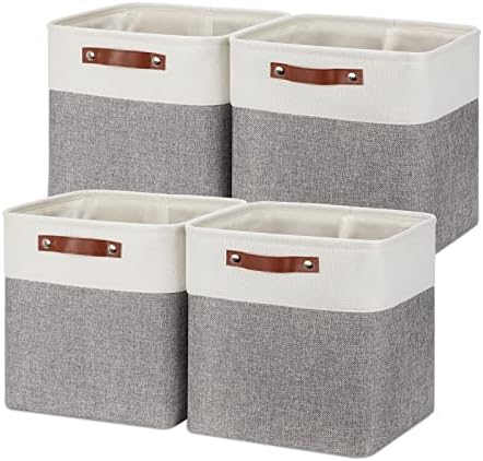 Temary 12 Inch Storage Baskets Foldable Fabric Storage Cubes 4PCs Storage Bins Organizer with Handles, Baskets for Organizing Clothes, Towels (White & Grey, 12 x 12 x 12) by TEMARY