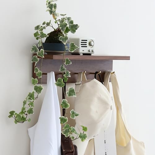 Marine Plywood Wall Mounted Coat Rack with Shelf & Key Hooks, 5 Brass Hooks Entryway Organizer, Modern Floating Shelf for Bedroom Hallway, Space-Saving Home Storage Rack (1, Walnut Finish) by CreatedOn2005