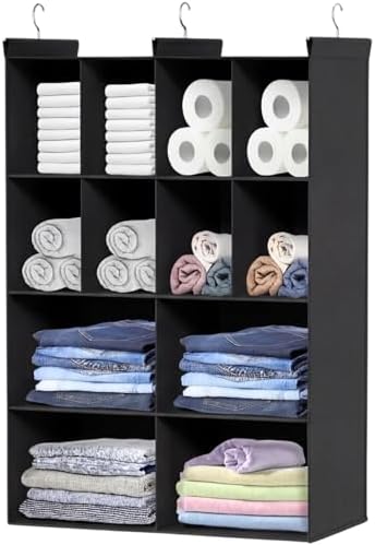 4 Tier Hanging Closet Organizer, 12 Compartments Dual Row Storage, Black | Closet Organizers and Storage with Large & Small Cubbies, 3 Sturdy Hooks Support Heavy Loads, for Dorm, RV, Garment Rack by Ofiray-home