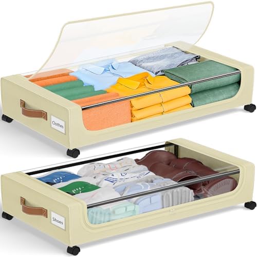 GoMaihe Under Bed Storage with Wheels 48L Beige 2-Pack | Underbed Storage Containers with Lids Rolling Bins for Shoes Clothes in Dorm Bedroom - Metal Drawers Easy Pull-out by GoMaihe