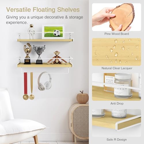 Forbena Natural Wood Bathroom Floating Shelves for Wall Set of 2, Light Wood Wall Shelves with Rail for Bathroom Nursery Office (Natural Wood and White) - Image 4