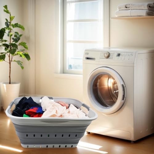 SAMMART 42L (11 gallon) Collapsible Plastic Laundry Basket - Foldable Pop Up Storage Container/Organizer - Portable Washing Tub - Space Saving Hamper/Basket (Grey/Dark Grey) - Image 2