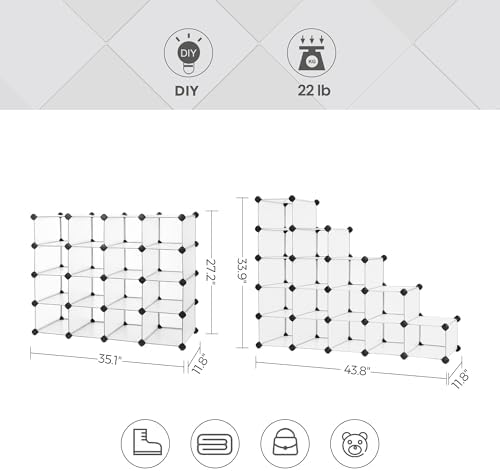 SONGMICS Shoe Rack with 16 Cubes, Interlocking Plastic Shoe Organizer, DIY Storage Cabinet for Closet Entryway Bedroom Garage, Space Saving Design, 12 x 35.1 x 27.2 Inches, Transparent ULPC445W02 - Image 3