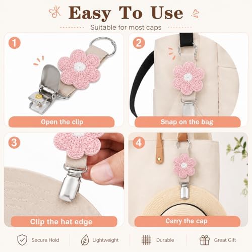 Flower Hat Clips for Travel on Bag, 5 Pcs Elastic Hat Holder for Beach Vacation, Hat Carrier Clips for Purse, Tote, Backpack and Luggage,White, Pink, Green, Yellow, Blue - Image 6