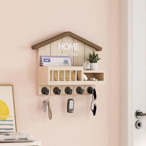 Key and Mail Holder for Wall, Wall Key Holder with Shelf, Key Rack Wall Mount, Wood Key Holder Wall Mount, Mail Organizer Wall Mounted, Entryway & Front Door Key Holder with 5 Hooks(White) - Image 4
