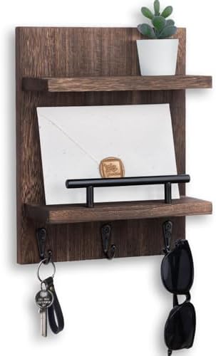 Key Holder Wall Mount, Mail Shelf Decor with 3 Key Hooks, Versatile Wood Wall Organizer for Entryway Hallway (8.2” x 10.6”x 3.6”) (Brown) by Lucundm