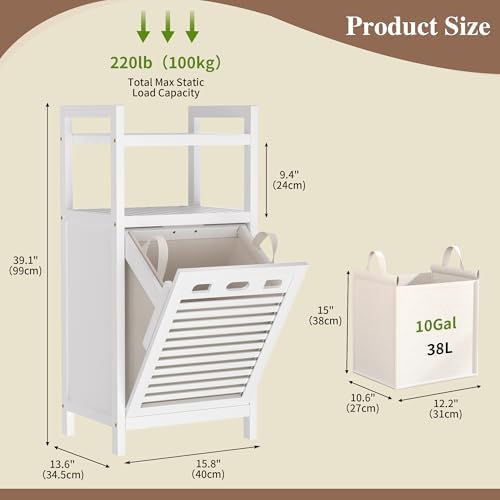 VASMIA Tilt Out Laundry Hamper,Bamboo Laundry Storage Cabinet with Shelf,10 Gal Hidden Laundry Basket Organizer for Bathroom,Laundry Room,White - Image 3