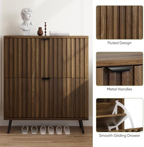 Smuxee Shoe Cabinet with 2 Flip Drawers, 31.5" Walnut Hidden Shoe Storage Cabinet with Fluted Design, Freestanding Shoe Organizer Cabinet for Entryway, Hallway, Closet, Living Room - Image 5