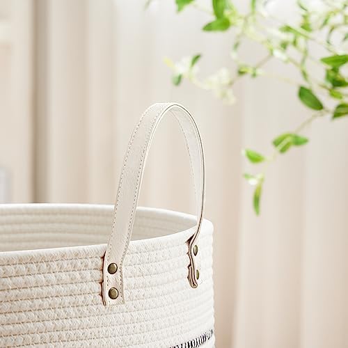 VIPOSCO 53L Tall Woven Rope Laundry Hamper, Leather Handles, Stripe White - Image 3