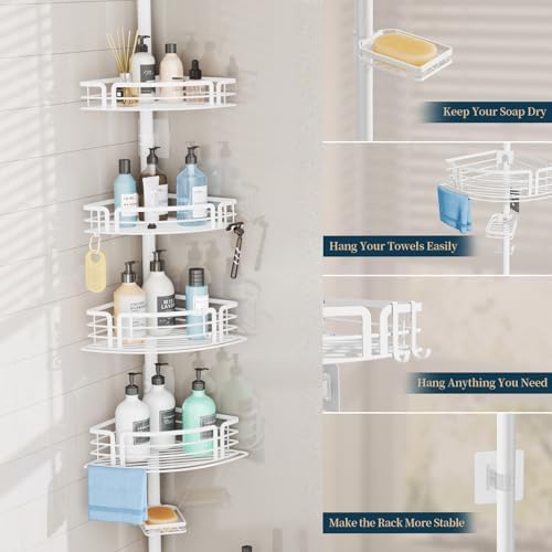 Consumest Shower Caddy Tension Pole - Adjustable Corner Shower Organizer with Soap Holder, Bath Shelves for Bathroom Storage, 27.6-108.3 inch, White - Image 5