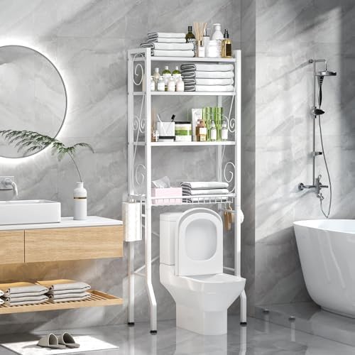 Aduanbang 4 Tier Over The Toilet Storage Rack, Bathroom Organizer Shelf with Basket, Adjustable Shelves, Freestanding Space Saver for Small Bathrooms (White) by Aduanbang