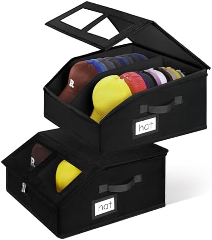 2 Pack Hat Storage for Baseball Caps-Holds Up to 48 Caps, Hat Organizer for Closet Stackable Hat Box with Cardboard, Dustproof Baseball Cap Organizer with 2 Handles for Home Travel (Black, 2Pack) by RZMAYIS