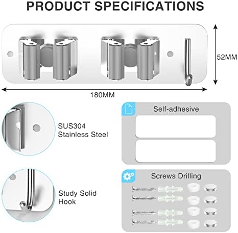 homeasy Wall Mount Mop and Broom Holder, Heavy Duty Stainless Steel Organizer Rack with Hooks | 2-Pack, 2-in-1 No Drill & Screw Installation, Silver - Image 5