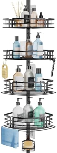 Consumest Corner Shower Caddy Tension Pole - Rustproof Shower Shelves with Towel Bar & Soap Holder, Adjustable Bath Organizer for Bathroom Storage, 27.6-108.3 inch, Black by Consumest