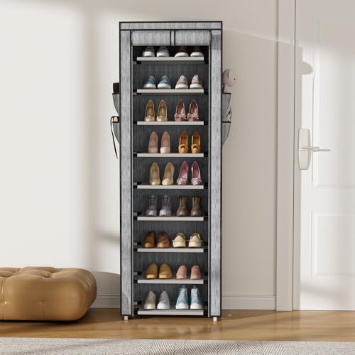 VILICK Shoe Rack with Cover Narrow Shoe Rack Organizer with 4 Side Pockets 10 Tier Tall Shoe Storage Shoe Shelf Holds 18-22 Pairs Shoes and Boots Shoe Rack for Closet, Printing - Image 2