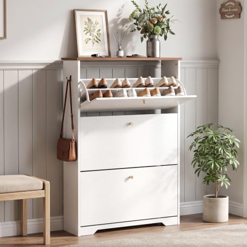Nicetree Shoe Cabinet, 3 Flip Drawers Slim White Walnut Top Entry Storage by Nicetree