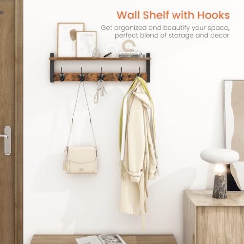 Homode Coat Rack with Wall Mount, 24 Inch Long Entryway Wall Shelf with Hooks, Wood Hanger with Storage Shelf for Bathroom, Hallway, Rustic Brown Black - Image 2