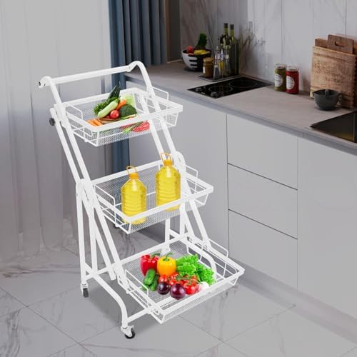 3 Tier Foldable Rolling Cart, Metal Rolling Utility Cart Adjustable Movable Storage Organizer with Wheels for Living Room, Kitchen, Bathroom Bedroom and Office, (White) - Image 4