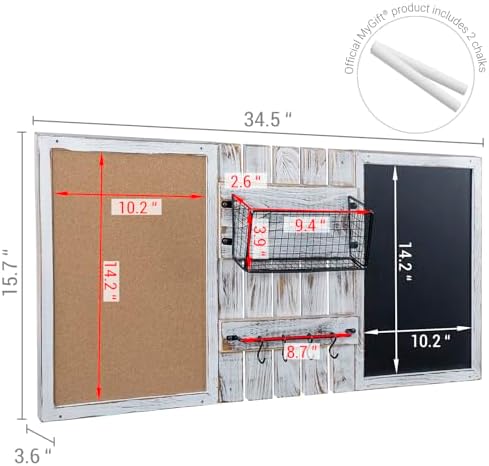 MyGift 3 Panel Wall Mounted Entryway Bulletin Board Combo Set with Shabby White Washed Solid Wood Frame, Chalkboard, Cork Board, Black Metal Mail Basket, and Hanging Rail - Image 5