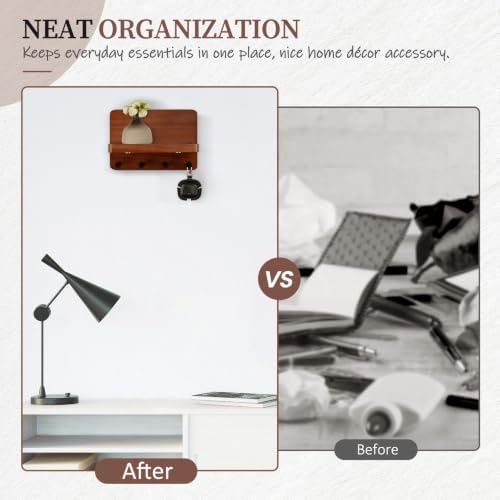 Nekon Key Holder for Wall with Shelf, Pine Wooden Key Hanger, Brown - Image 7
