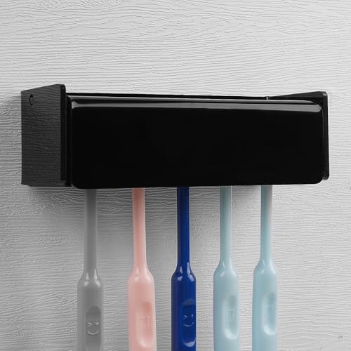 5 Slots Wall Mount Toothbrush Holder with Cover, Self Adhesive Toothbrush Storage Organizer for Shower, Toothbrush Hanger for Bathroom, Medicine Cabinet, Dorm (Black) by LUEXBOX