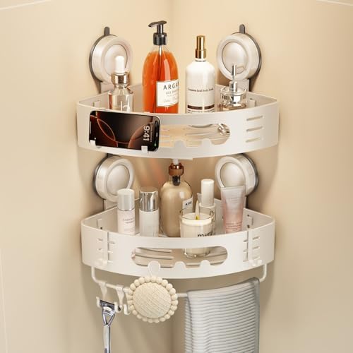 Voldra Corner Shower Caddy Suction Cup, Aluminum Corner Shower Shelves for Wall No Drilling, Large Suction Cup Shower Organizer with Towel Bar & Hooks Removable Bathroom Storage(2 Pack-Cream White) by VOLDRA