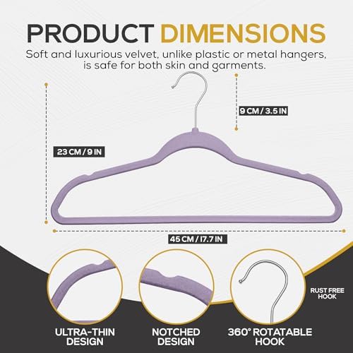 Techzoo Premium Velvet Hangers 50 Pack Ultra Thin Non Slip Adult Felt Space Saving Suit Hanger for Closet Heavy Duty Coat Pants Jackets Dress Hangers 360° Swivel Hook Hold Upto 10 lbs Purple Hangers - Image 2