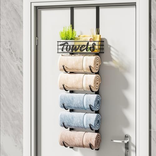 HapiRm Towel Racks for Bathroom Storage - 6 Tier Over The Door & Wall Mount Rolled Towel Storage Organizer Holder with Metal Shelf Basket for Small Bathroom, Camper, Rv - Black, Patented - Image 2