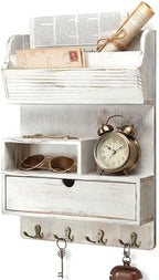 Rebee Vision Pine Wood Key Holder Wall Mount with Shelf & Drawer, Whitewash by REBEEVISION