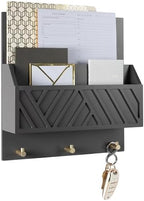 BLU MONACO | Wall-Mounted Mail and Key Holder in Grey Wood | Two-Tier Mail Organizer with Gold Hooks | Entryway Command Center for Home or Office by Blu_Monaco