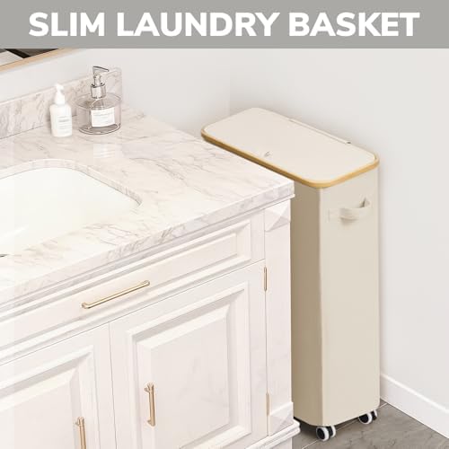 Goodpick 75L Slim Rolling Laundry Basket with Wheels and Lid, Beige - Image 6
