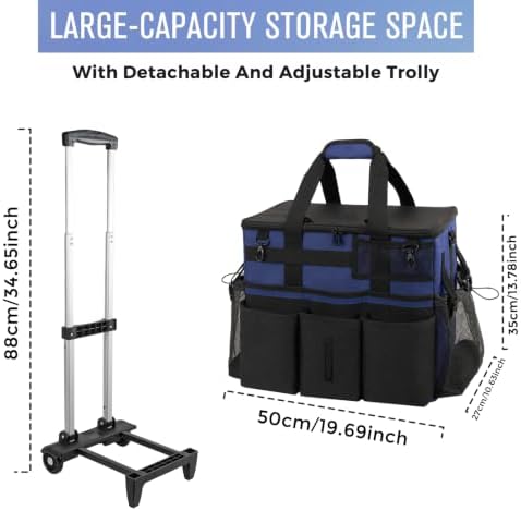 SCAVATA Rolling Cleaning Caddy Bag with Detachable Trolley, Large Cleaning Supplies Organizer with Wheels, Multi-Pocket Cleaning Cart with Adjustable Shoulder Strap for Housekeepers (NavyBlue) - Image 5