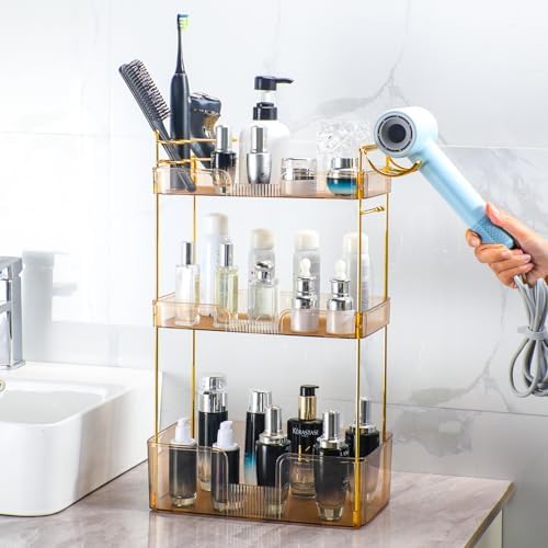 Akinbas 3 Tier Bathroom Organizer Countertop Makeup Perfume Tray Skincare Organizer Comes with Hair Dryer Rack and Toothbrush Holder for Bathroom Dresser Vanity (Gold) - Image 6