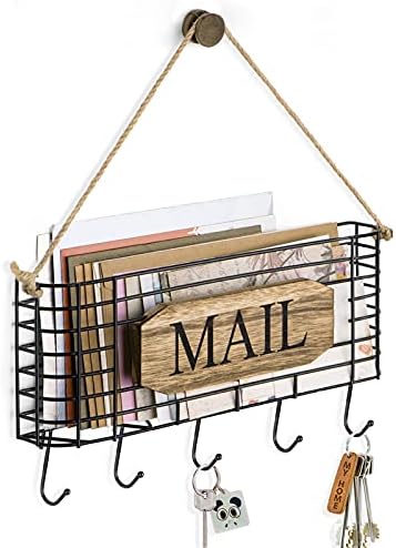 SRIWATANA Mail Organizer Wall Mount, 5 Key Hooks, Large, Carbonized Black by SRIWATANA