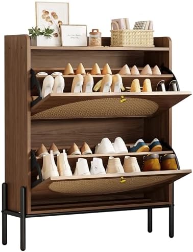 IRONCK Rattan Shoe Cabinet Storage with 2 Flip Drawers, Walnut by IRONCK