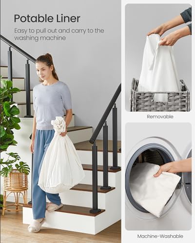 SONGMICS Rolling Laundry Hamper with Lid, 160 L 3-Section Synthetic Rattan - Image 6