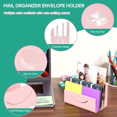 Mail Organizer Envelope Holder - 3 Compartments Pink Acrylic Mail Holder Countertop Home Office Desk Organizer Small File Sorter Vertical Bill Letter Paper Document Storage Rack - Image 4