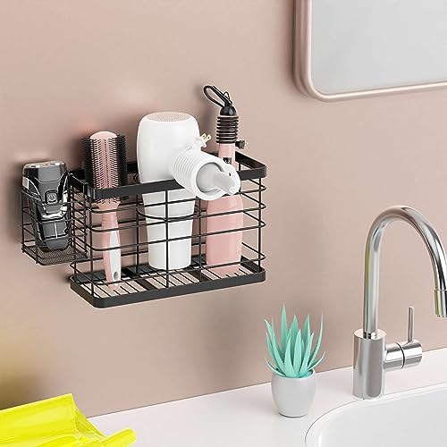 Hair Tool Organizer - Black Steel Wall Mounted Hair Dryer Holder with Removable Basket, 10.62"L x 4.33"W x 6.69"H, Ideal for Small Bathrooms - Image 2